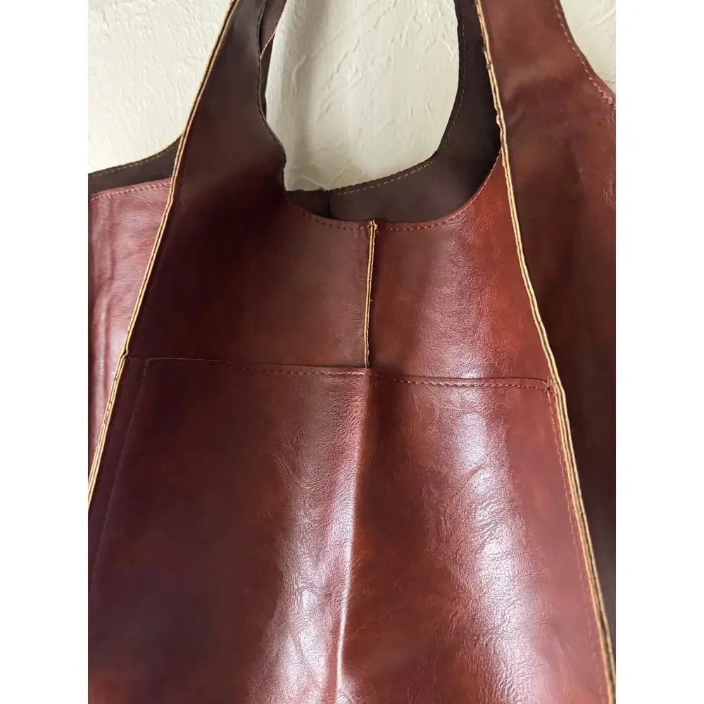 NWOT Large Chocolate Brown Faux Leather Shoulder Bag - Picture 5 of 10